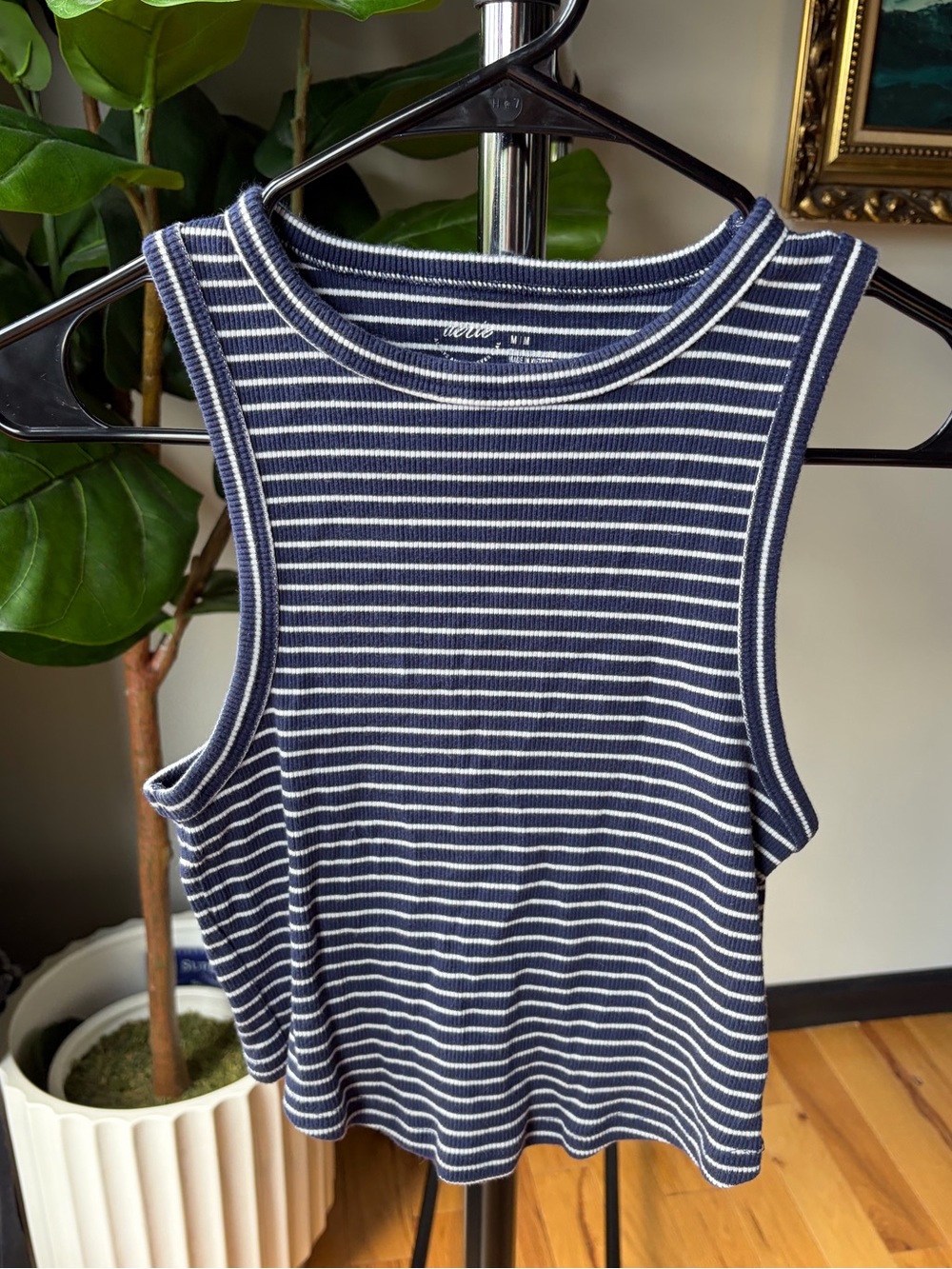 Aerie Navy and White Striped Ribbed Cropped Tank Sz Medium